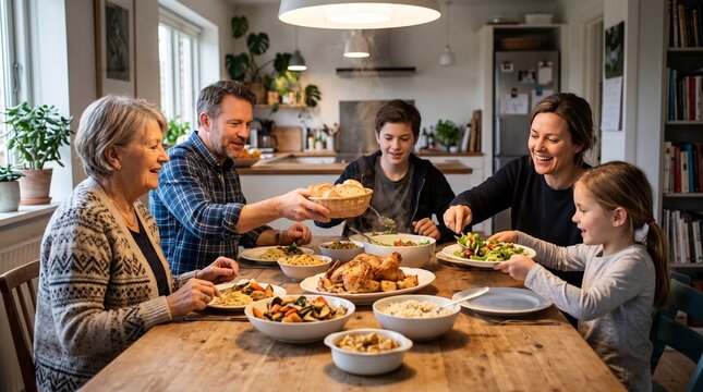Multi generational family enjoying a festive meal together at a wooden table