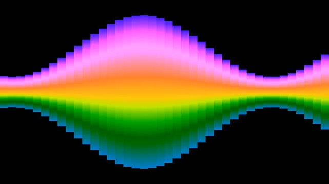 Retro pixel art rainbow wave spectrum oscillating on a dark background