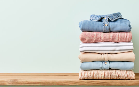 Stack of clothes on table against light background