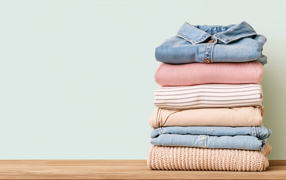 Stack of clothes on table against light background