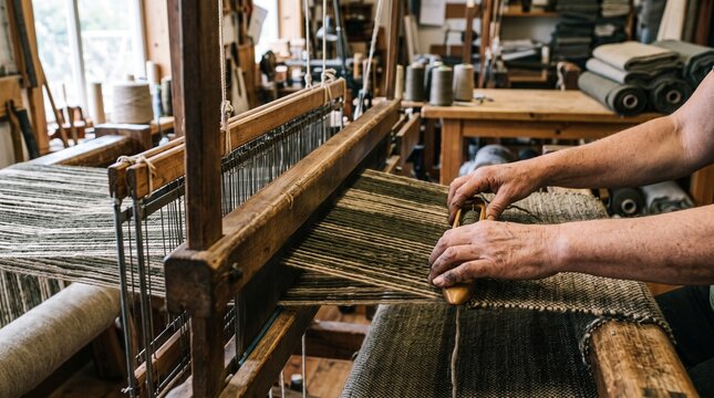 Hands operating a traditional wooden loom to weave fabric with yarn