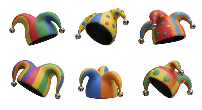 colorful jester hats arranged on a white surface playful concepts for entertainment and design