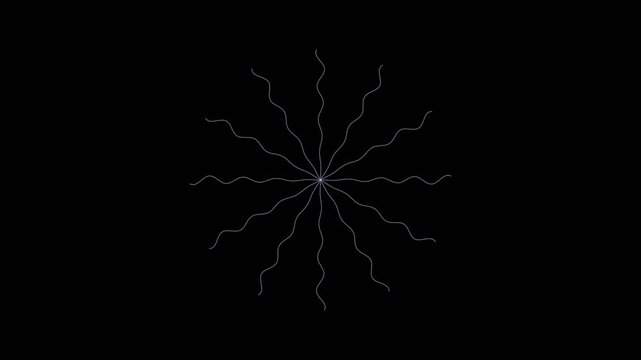 Symmetrical plasma filament circles with wavy lines rotating on a black background