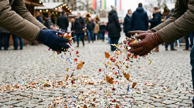 Hands throwing confetti and leaves at a festive outdoor market