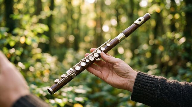 Person holding a wooden piccolo flute in a lush green forest