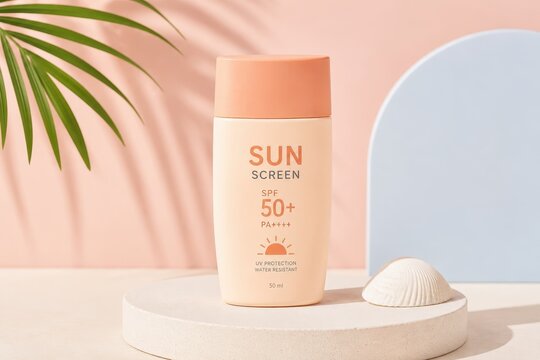 Sunscreen bottle with palm leaf and seashell, summer beach aesthetic