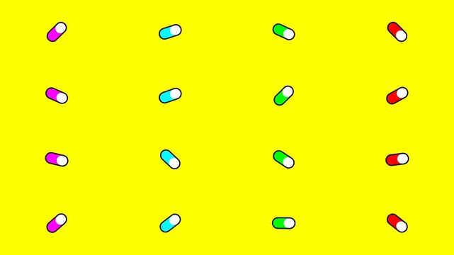 Vibrant pharmaceutical capsules spinning in a geometric pattern over a solid yellow backdrop