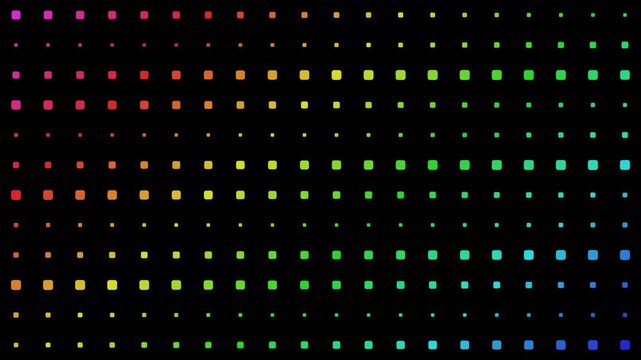 Vibrant rainbow halftone grid with glowing square dots shifting on dark backdrop