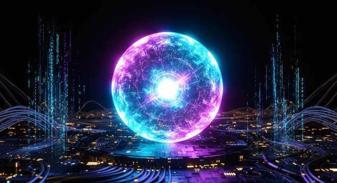 Futuristic Glowing Energy Sphere and Quantum Core on Circuit Board Background with Digital Network Data Stream Concept