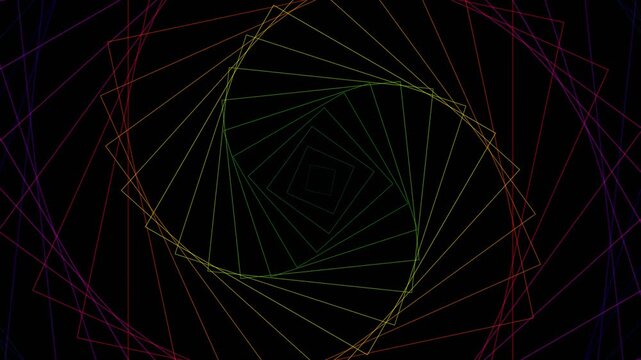 Vibrant spectrum geometric tunnel with rotating square outlines creating a deep vortex