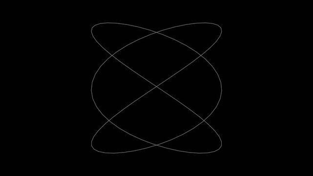 White lissajous curves oscillating on a black background showing mathematical harmonograph patterns