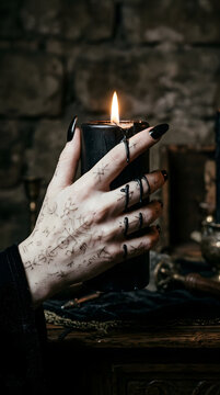 A pale female hand with dark intricate skin markings holds a burning pillar candle within a somber environment featuring aged stone walls while wax slowly drips onto her fingers during ritual