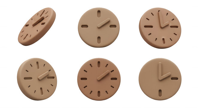 six 3d beige clocks displaying different times isolated on white background represents time punctuality  schedules