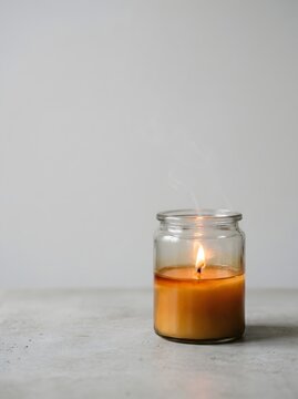 Lit candle in glass jar on minimalist surface with neutral background