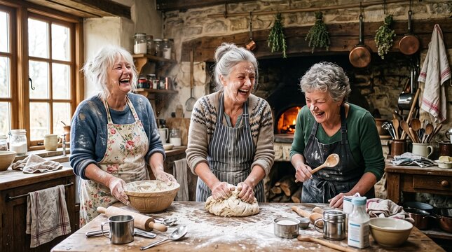 Three older women laughing while kneading dough in a rustic kitchen