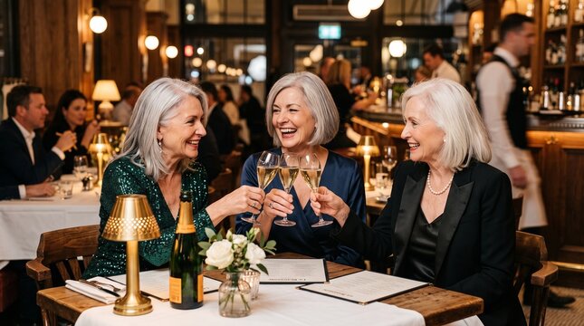 Three older women laughing and toasting with champagne at dinner
