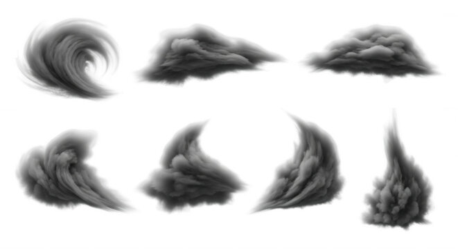several billowing gray smoke clouds floating against a white backdrop effects and design assets