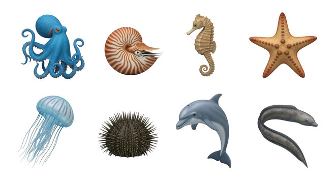3d rendered marine animals on white background ready for educational materials or illustrations in books