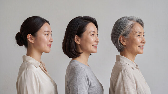 Three generations of Asian women showcasing natural aging and skincare with diverse age stages in profile