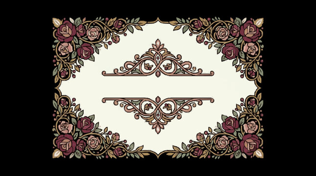 Vintage decorative floral frame featuring maroon and pink roses, green leaves, and ornate filigree dividers on a cream rectangular background, isolated against a black backdrop.