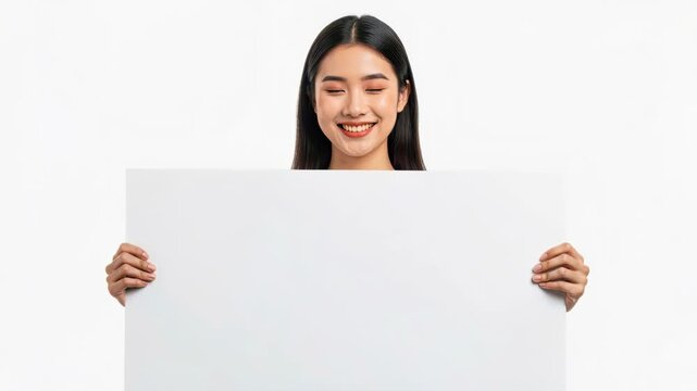 Young Asian Woman Holding Blank White Board: A young Asian woman with a gentle smile holds a blank white board, ready for your message. Perfect for announcements, promotions, or personal notes.