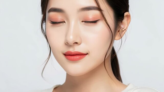 Serene Beauty: A young woman with closed eyes and subtle makeup exudes tranquility and grace, her lips touched with a soft coral hue.