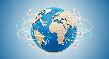 Naklejka premium A spherical world map formed by puzzle pieces transforming into white doves, featuring blue gradient oceans, beige land, and glowing trails, puzzle, pieces, solidarity