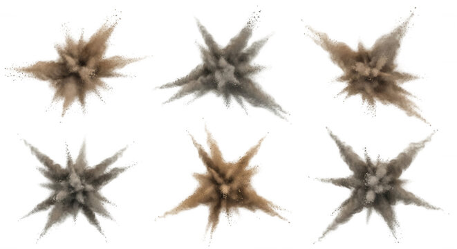 exploding dirt puffs on a white backdrop earth movement useful for power or impact