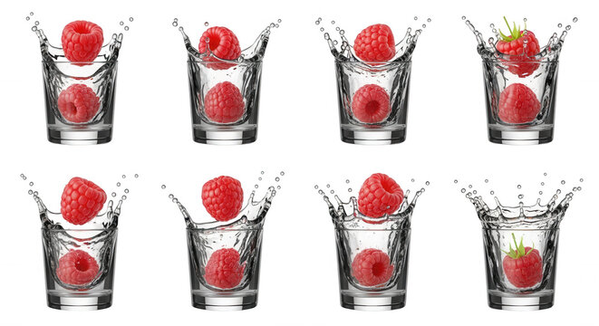 raspberries splashing into shot glasses of clear liquid creating splashes all on a white background potential for food and drink promotion