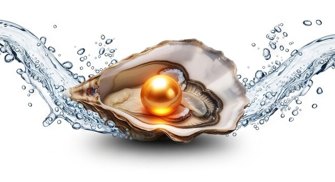 A textured oyster shell reveals a glowing amber pearl as sparkling soda liquid fizzes and flows around it on a clean white background, splash, ocean, studio