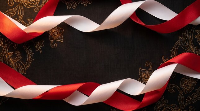Elegant Indonesian Red and White Ribbon Frame on Dark Golden Batik Fabric, Indonesia Independence Day Background with Copy Space