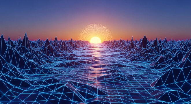 Vibrant retro-futuristic digital landscape featuring a glowing sunrise over an abstract wireframe ocean, an immersive cyber-age horizon