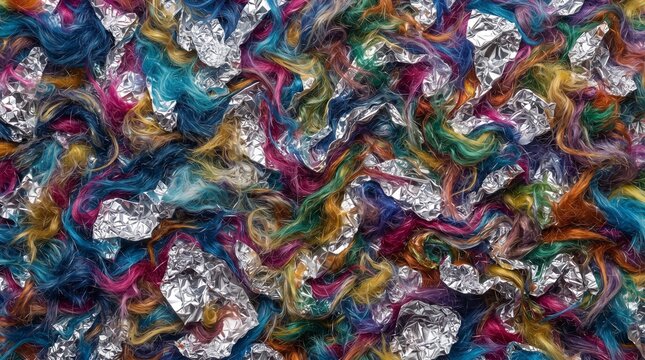 Furry tangled hair and aluminum foil texture in vibrant rainbow colors