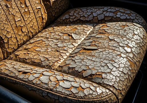 Close-up of parched car interior upholstery showing aged leather with visible peeling, deep cracks, and dry texture from extreme UV damage, automotive, UV, texture