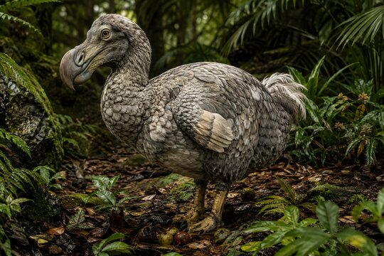 Photorealistic Dodo Bird Foraging in Native Mauritian Forest
