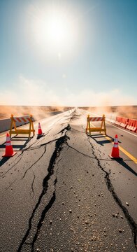 Heatwaves rise from a buckled asphalt highway under a scorching sun. Orange traffic cones and barricades redirect vehicles away from damage, closure, traffic, hot