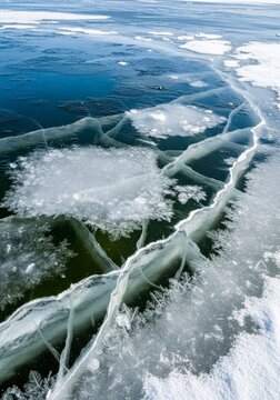 Cracking ice floes and slushy patches cover a thawing freshwater lake during an unseasonably warm winter transition into early spring, scenic, winter, liquid