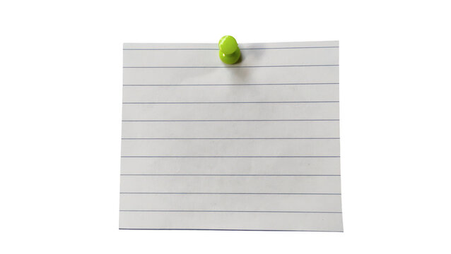 Green pushpin holding lined paper flat lay