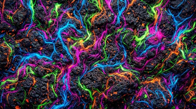 Abstract neon fibers on dark textured background
