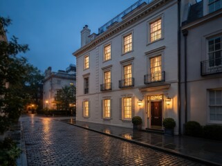 Naklejka premium White townhouse with lit windows on wet cobblestone street at dusk
