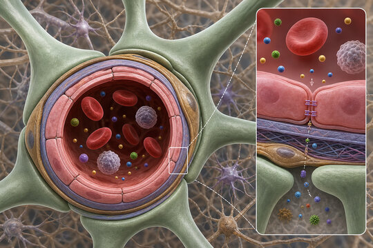 Blood brain barrier capillary cross section illustration