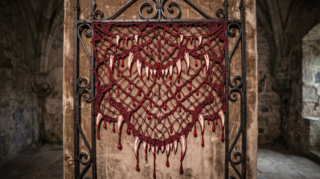 intricate lacework design composed of dripping blood droplets and sharp fangs forming a delicate yet menacing mesh communicating themes of vampiric hunger and endless thirst