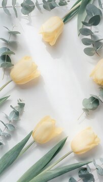 Pale yellow tulips and eucalyptus sprigs are arranged in a circular frame on a plain bright white surface
