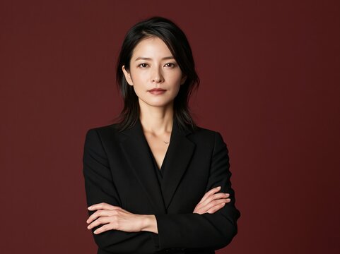 落ち着いた赤茶の背景で腕を組み知的な微笑みを湛える女性ビジネスリーダー