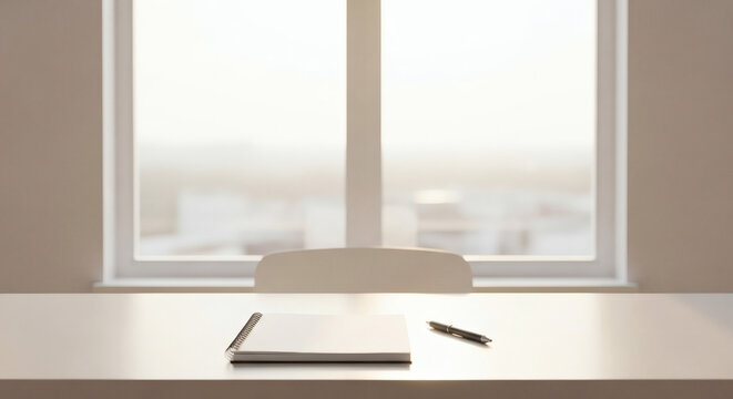 Minimalist desk with notebook and pen by window. Clean office workspace for professional writing, planning, and organized productivity