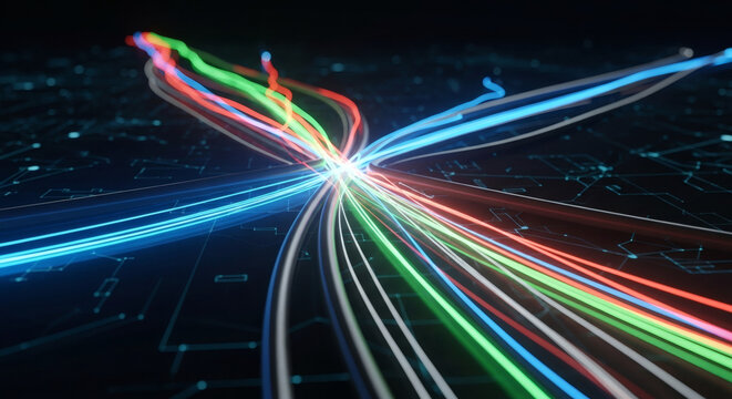Abstract glowing fiber optic light trails converging on dark digital circuit board representing high speed data transfer and network connectivity