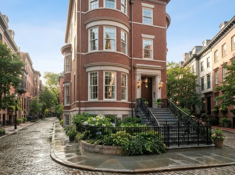 Red brick corner mansion with bay windows and wet cobblestone street