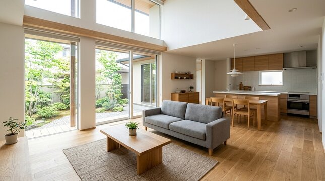 大きな窓から明るい緑の庭が広がる天井の高い開放的なモダンリビング