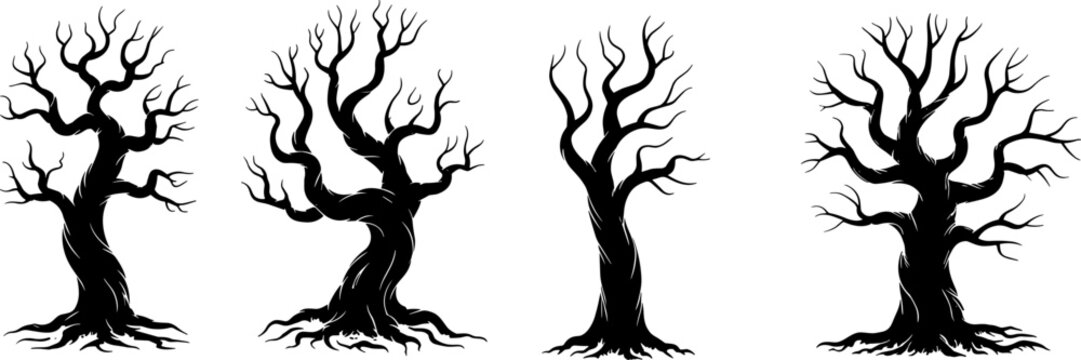 Bare silhouette trees with gnarled branches in a row against a white background
