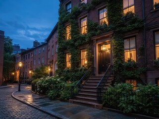 Fototapeta premium Ivy covered brick townhouse on curved wet street at dusk